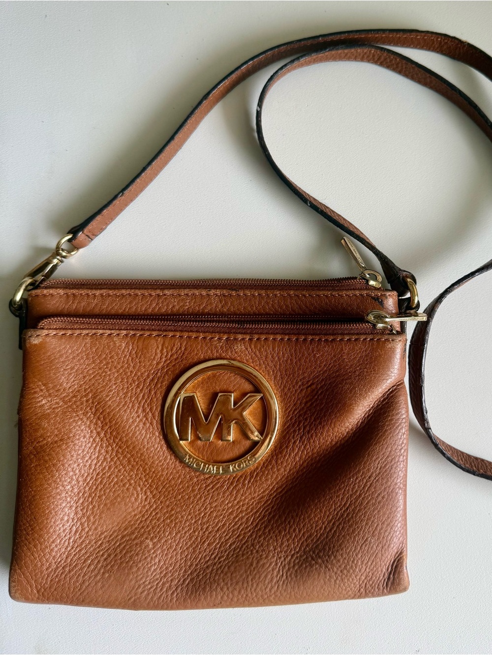 Michael Kors Tan/Brown Leather Crossbody with Gold MK Logo